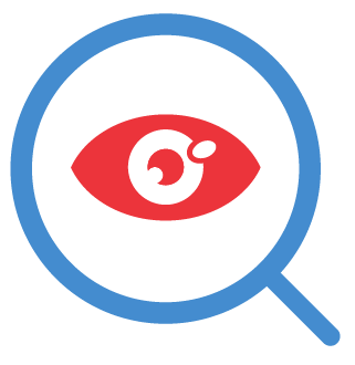 A logo representing search engine optimization, featuring a magnifying glass and a globe.