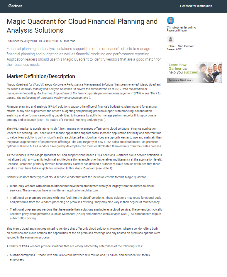 Couverture de Prophix par Gartner Prophix